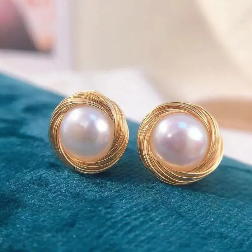 Natural Freshwater Baroque Pearl Luxury Women'S Party Earrings Hand-wound Woven natural r Bird's Nest Gold Plated Silk Thread