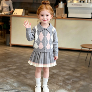 <span class=keywords><strong>Nouvel</strong></span> ensemble tricoté pour filles : <span class=keywords><strong>pull</strong></span> à revers jacquard diamant et jupe – <span class=keywords><strong>Robe</strong></span> de princesse élégante et classique pour enfants - Product Image 3