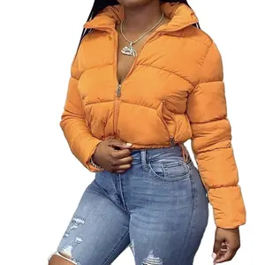 2022ウィンターウェアウォームクロップドドローストリングパンジャケットオレンジジップアップレディースバブルフグジャケット衣装ブラック