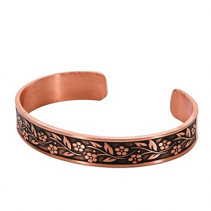 Copper Open Cuff <b>Bangle</b> Bracelet <b>Engraved</b> Floral Blossom Vine Leaf Motif Solid Copper Adjustable Thin Wristband Unisex Ayurvedic - Product Image 1