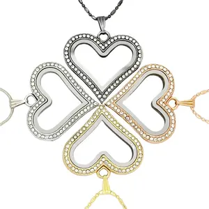 Collier en forme de cœur à ouverture magnétique en verre à mémoire flottante avec pendentif à breloque pour colliers à faire soi-même, accessoires de fabrication, vente en gros