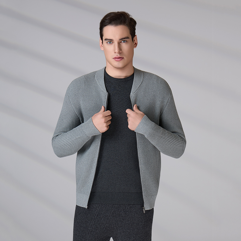 Full Zip Knitwear Manufacturer Custom GOTS Long Sleeve Winter Autumn Ribbed Cardigan 100% Cotton Sweater Jacket For Men