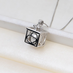 Colgante Cuadrado de Plata S925, Accesorio para Collar de Mujer de 8-10 mm, Diseño de Jaula, Sin Agujeros, Soporte para Perlas Vacío, Acero Semiterminado - Product Image 1