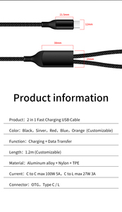 Câble de charge rapide multi 100W 5A double USB C, câble de charge rapide multi 2 en 1, câble USB C vers USB C tressé en nylon - Product Image 2