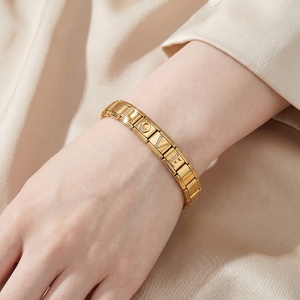 Gold-base Diamond-inlaid <b>Letter</b>-style Modular Bracelet Stainless Steel Electroplated DIY Customizable Name Wristband Chain - Product Image 2