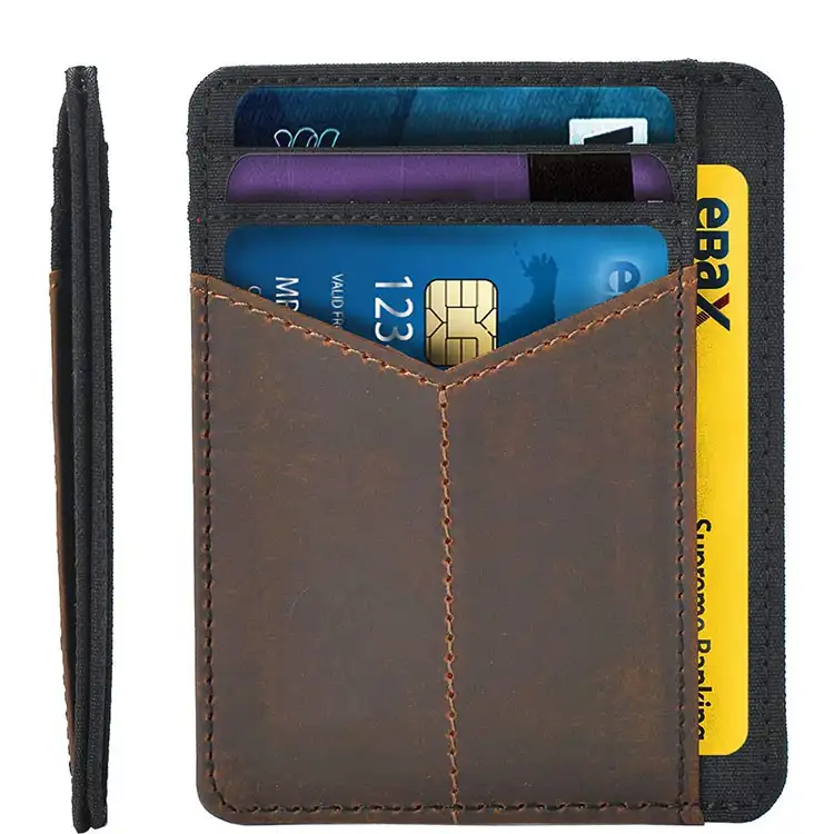 QQgift OEM özel Logo lüks erkekler ince cüzdan RFID deri Minimalist ön cep kredi kartı sahipleri (siyah Tan) cüzdan