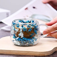 Tasse à double paroi en verre borosilicate isolé 150 ml avec fleurs séchées esthétiques, mug créatif pour thé et café avec poignée