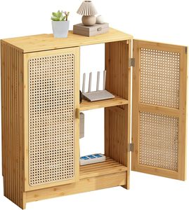 Meuble de rangement pour routeur Wi-Fi avec étagères réglables, 2 niveaux, en <span class=keywords><strong>bambou</strong></span> et <span class=keywords><strong>rotin</strong></span>, support pour modem, boîte organisatrice pour la maison et le bureau, sans panneau arrière - Product Image 1