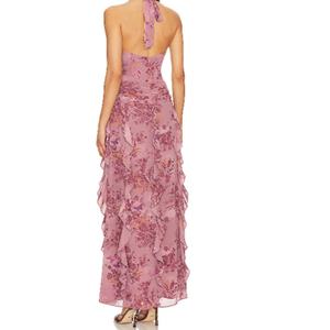 Robe asymétrique élégante et irrégulière à épaules dénudées pour femme, style moulant, longue, col halter, avec volants et imprimé, design Y2K tendance - Product Image 3