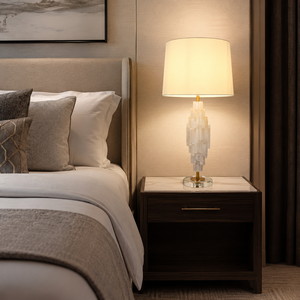 Lampada da Comodino Moderna in <span class=keywords><strong>Cristallo</strong></span> di Selenite Naturale Traslucido a Più Livelli con <span class=keywords><strong>Paralume</strong></span> in Tessuto per Camera da Letto e Soggiorno - Product Image 5