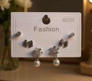 Orecchini pendenti in argento alla moda con cristalli a forma di fiocco di neve e perle finte per gioielli da festa da donna - Product Image 2