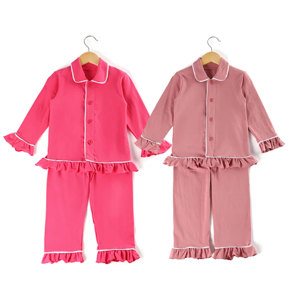 RTS plain long sleeve ruffle cotton kids pajama set spring fall winter sleepwear baby girls pyjama