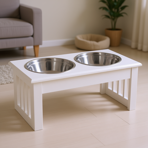 Elegante Stazione di Alimentazione per Cani in Legno Bianco con 2 Ciotole in Acciaio Inossidabile e Base Antiscivolo per Animali Domestici - Product Image 2