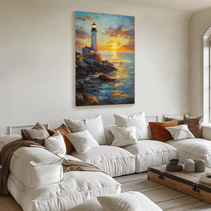 Pintado a mano puesta de sol pintura al óleo lienzo Costa paisaje marino playa faro escena decoración de pared - Product Image 2