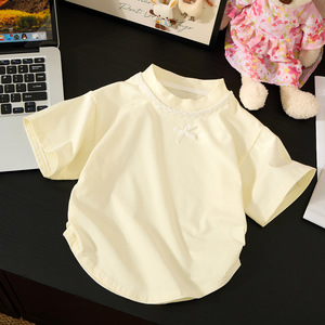 <span class=keywords><strong>Camiseta</strong></span> de manga corta para niños, Top con dobladillo con volantes, ropa exterior de algodón y Lycra para niñas, estilo occidental, estilo coreano, primavera/verano - Product Image 3
