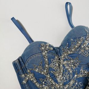BR416 2021 nouveauté vêtements d'extérieur pour filles chaudes perles décorées Denim Crop <span class=keywords><strong>Bustier</strong></span> Jean hauts pour femmes - Product Image 4