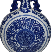 Flacon en porcelaine bleue et blanche avec motif Longévité et Huit Trésors, oreilles de dragon, cadeau de festival chinois, vase