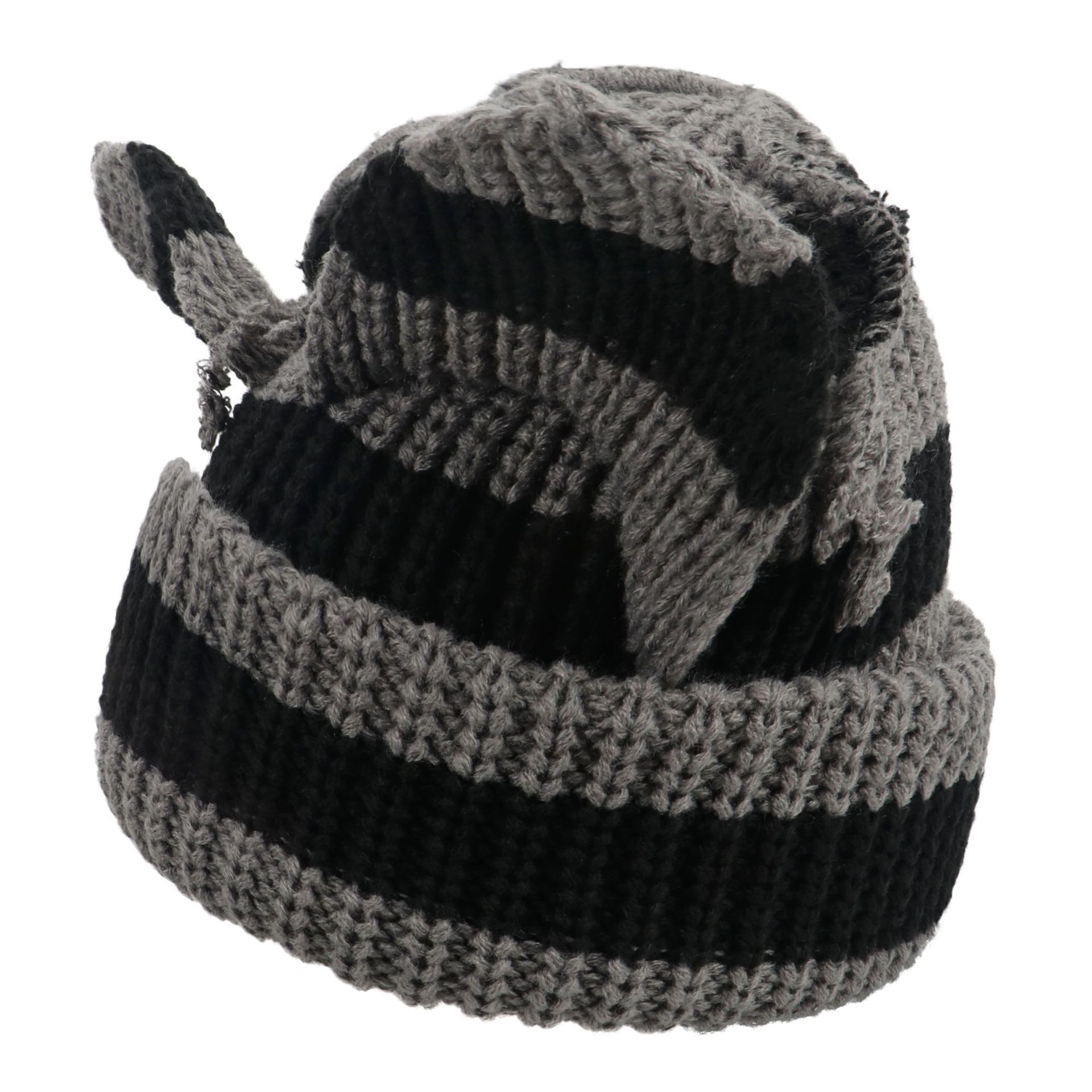 Gray black stripes Cute Cat Ears Knit Women Men Slouchy Hat