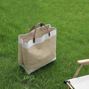 Bolsos de compras plegables ecológicos de 16 pulgadas para mujer, bolsa de transporte de línea de algodón de retazos con asa de cuero, bolsas de viaje impermeables - Product Image 5