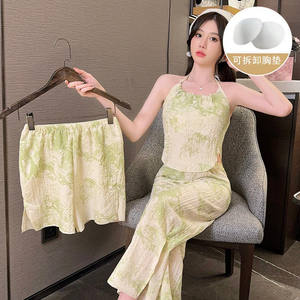 Top fournisseur été 3 pièces pyjamas pour femmes ensemble Sexy rembourré soutien-gorge <span class=keywords><strong>Homo</strong></span> Wear décontracté crêpe coton imprimé vêtements de nuit pour femmes - Product Image 6