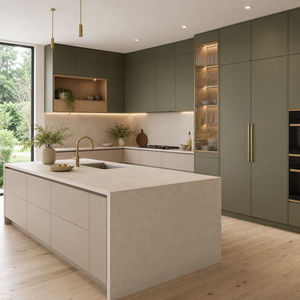 Armoires de <span class=keywords><strong>cuisine</strong></span> modernes sur mesure <span class=keywords><strong>vert</strong></span> <span class=keywords><strong>olive</strong></span> avec grand îlot, étagères à éclairage LED et appareils électroménagers intégrés pour maisons de luxe - Product Image 2