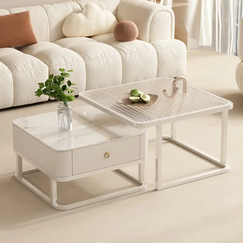 2024 Youtai luxe moderne cadre en fer forgé plaque de roche et table basse en verre ensemble avec armoire