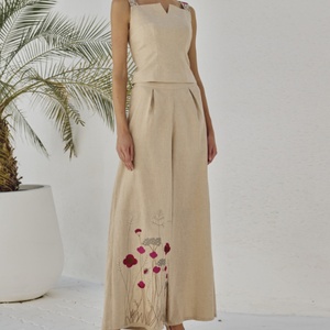 Conjunto de Pantalones Largos de Lino 100% para Mujer, Corte Ajustado y Evase, Sin Cuello, Modelo Popular 2025, Servicio OEM, Patrón de Bordado Personalizado - Product Image 1