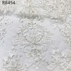 top quality new style green beaded dress fabric heavy hand embroidery designs pearls beaded lace fabric for dress
