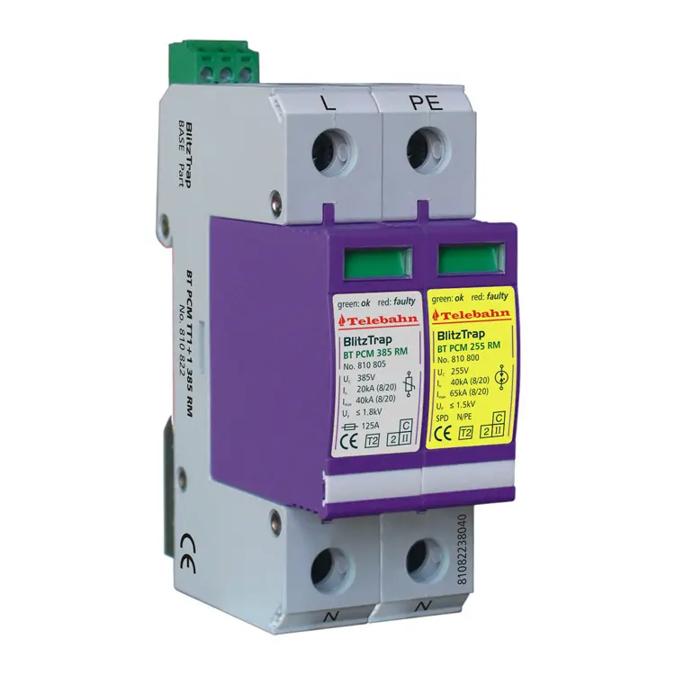 KEMA-KEUR Certification Single Phase 1+1 Uc 385V 40KA TT or TN System Ac 220V Pluggable 2P Surge Protector CE Certification 20KA