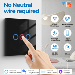แผงกระจกสวิตซ์ติดผนังแบบสัมผัสอัจฉริยะ Wifi แบบไม่มีสายเป็นกลาง EU 1 2 3 4 GANG ควบคุมด้วยเสียงได้ใช้งานร่วมกับ Alexa Google hom - Product Image 2