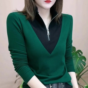 Women's <b>Long</b> <b>Sleeve</b> Zipper Stand Collar Splicing Warm <b>Base</b> <b>Layer</b> Top Coffee Color Slim Fit Autumn Winter Wear - Product Image 4