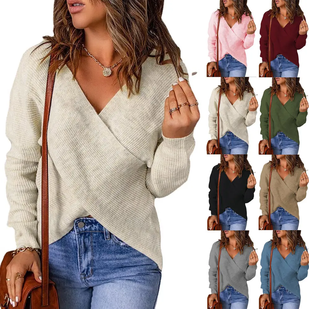 Cross Long Sleeve Exposed Navel Sexy Knit Top Women's Blouse & Tops Sweater Femme S-3XL