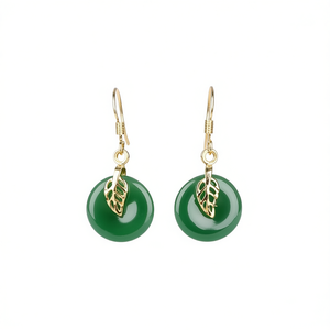 Pendientes Clásicos de Jade con Diseño de Hoja Chapados en Oro, Joyería de Moda para Mujer, Pendientes con Piedra Redonda Verde - Product Image 1