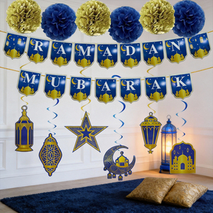 Set de Decoración para Fiesta de Ramadán 640409 - 1 Pancarta, 6 Espirales Colgantes, 6 Pompones, Tema Azul y Dorado, 13 Piezas Pequeñas de Papel - Product Image 3