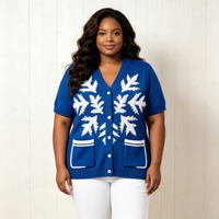 Cardigan en tricot surdimensionné personnalisé à motif botanique avec bordure contrastante pour femme, à manches courtes et boutonnage, vente en gros