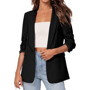 Blazer para Mujer FOXA, Largo Regular, Manga 3/4, Frente Abierto, Fruncido, Chaqueta Ligera para Trabajo, Estilo Casual de Negocios - Product Image 1