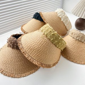 Faltbarer Raffia Stroh Krempe Breiter Sonnenhut für Frauen Sommer Outdoor UV-Schutz Visier Hut Gesicht Abnehmen Fedora Panama Beach - Product Image 3
