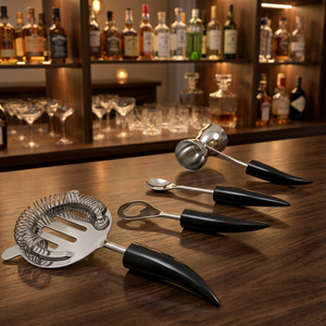 Ensemble d'outils de bar en acier inoxydable 4 pièces avec passoire, doseur, cuillère, ouvre-bouteille, manche noir, design personnalisé - Product Image 2