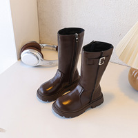 Bottes en cuir pour enfants, style chevalier, avec boucle métallique, fermeture éclair latérale, semelle épaisse antidérapante, bottes d'extérieur tendance pour tout-petits