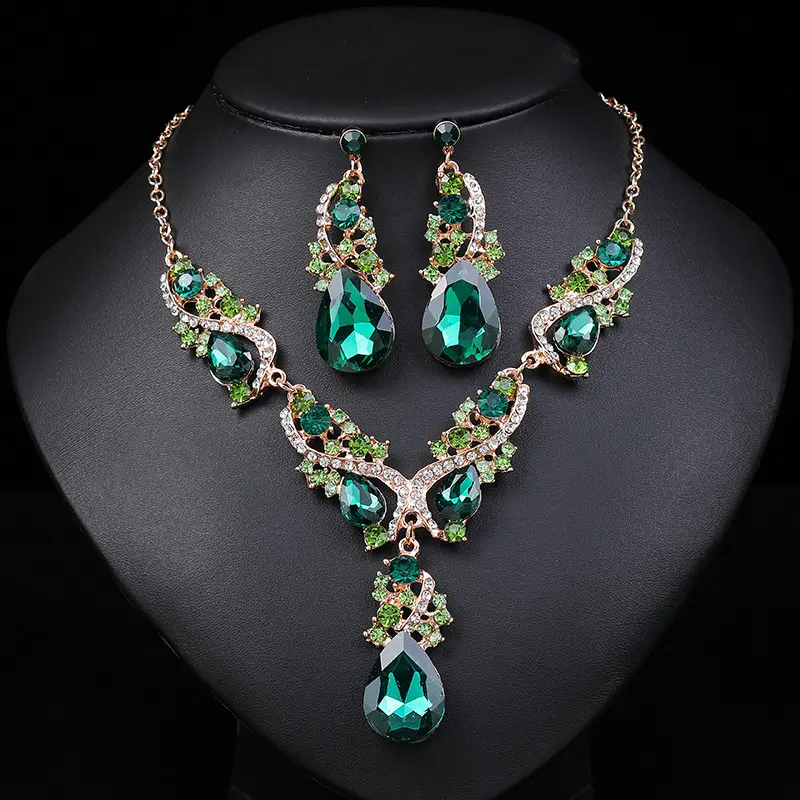 Hot Sale Women Emerald Wedding Jewelry Set Cubic Zirconia Necklace And Earrings Sets