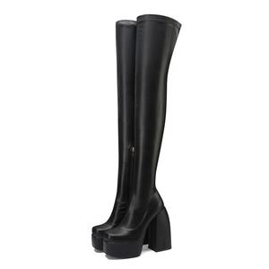 Bottes longues à talons épais pour femmes, Style Punk, plate-forme élastique en <span class=keywords><strong>cuir</strong></span> microfibre sur les genoux et les cuisses - Product Image 4