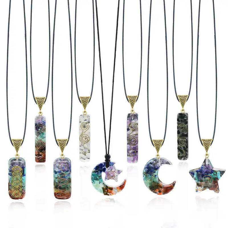 Hot selling colorful organite natural gravel resin glue pendant star moon yoga jewelry necklace
