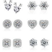 Boucles d'oreilles clous en cuivre plaqué argent avec zircon, motifs cœur, fleur, carré, bijoux fantaisie pour femme, cadeau, électroplaqué