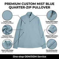 Pull à col zippé bleu brume minimaliste personnalisé en coton premium, haute respirabilité, pour personnalisation de marque homme