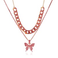 Collier cubain Double couche plein de diamants, grand collier papillon, chaîne épaisse, chaîne de cavalier femme