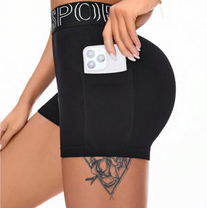 Shorts de sport sans couture taille haute pour femme avec poches, effet ventre plat et rehaussement des fesses, ceinture à lettres, pour fitness, yoga et entraînement en salle de sport - Product Image 1