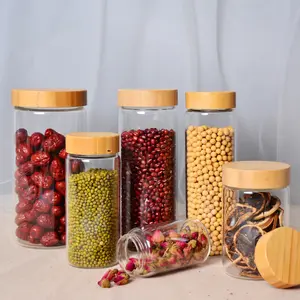wholesale 180ml-1350ml tall empty spice beans Cookie container glass storage jar with screw bamboo lid