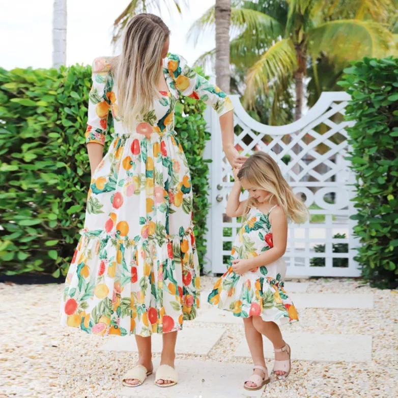 Fashion Mom And Daughter Dress Sweet Lemon Print Sling Backless Mini Mother Girl Dress Family Matching Outfits