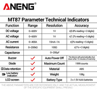 Multimètre à pince numérique ANENG MT87 400A pour courant alternatif, testeur de tension AC/DC, de résistance et de capacité avec fonction de maintien des données
