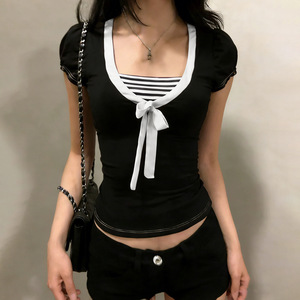 Camiseta de Manga Corta a Rayas de Primavera, Estilo Elegante, Top Ajustado a la Moda <span class=keywords><strong>con</strong></span> un Diseño Estilizado para Uso Diario - Product Image 1